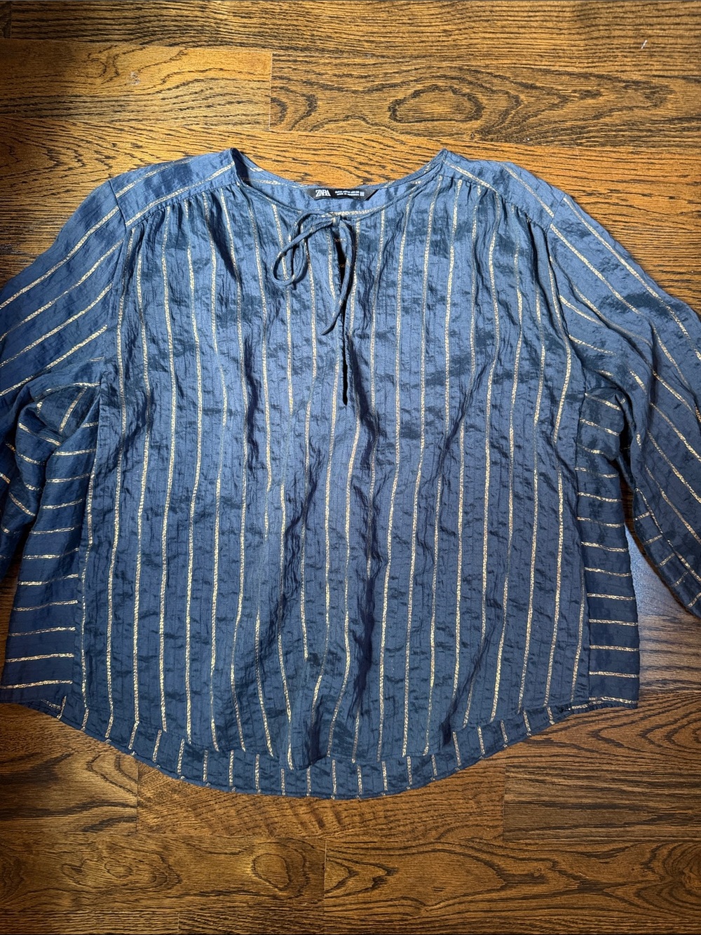 Zara Navy Gold Metallic Stripe Blouse Suze Medium